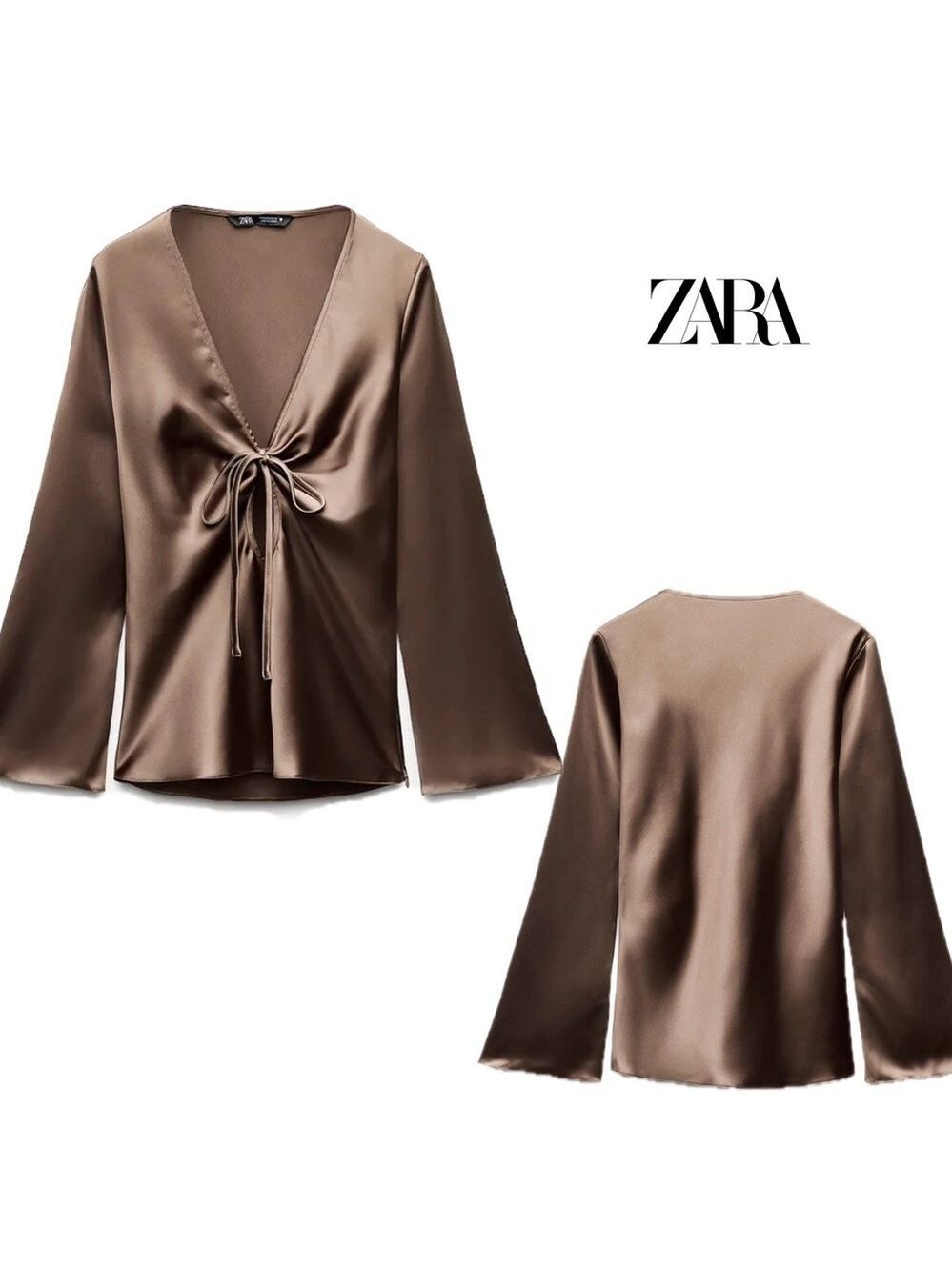 ZARA WOMAN CHOCOLATE BROWN SATIN BLOUSE SHIRT PEEP HOLE TIE BOW FLARE SLEEVE L